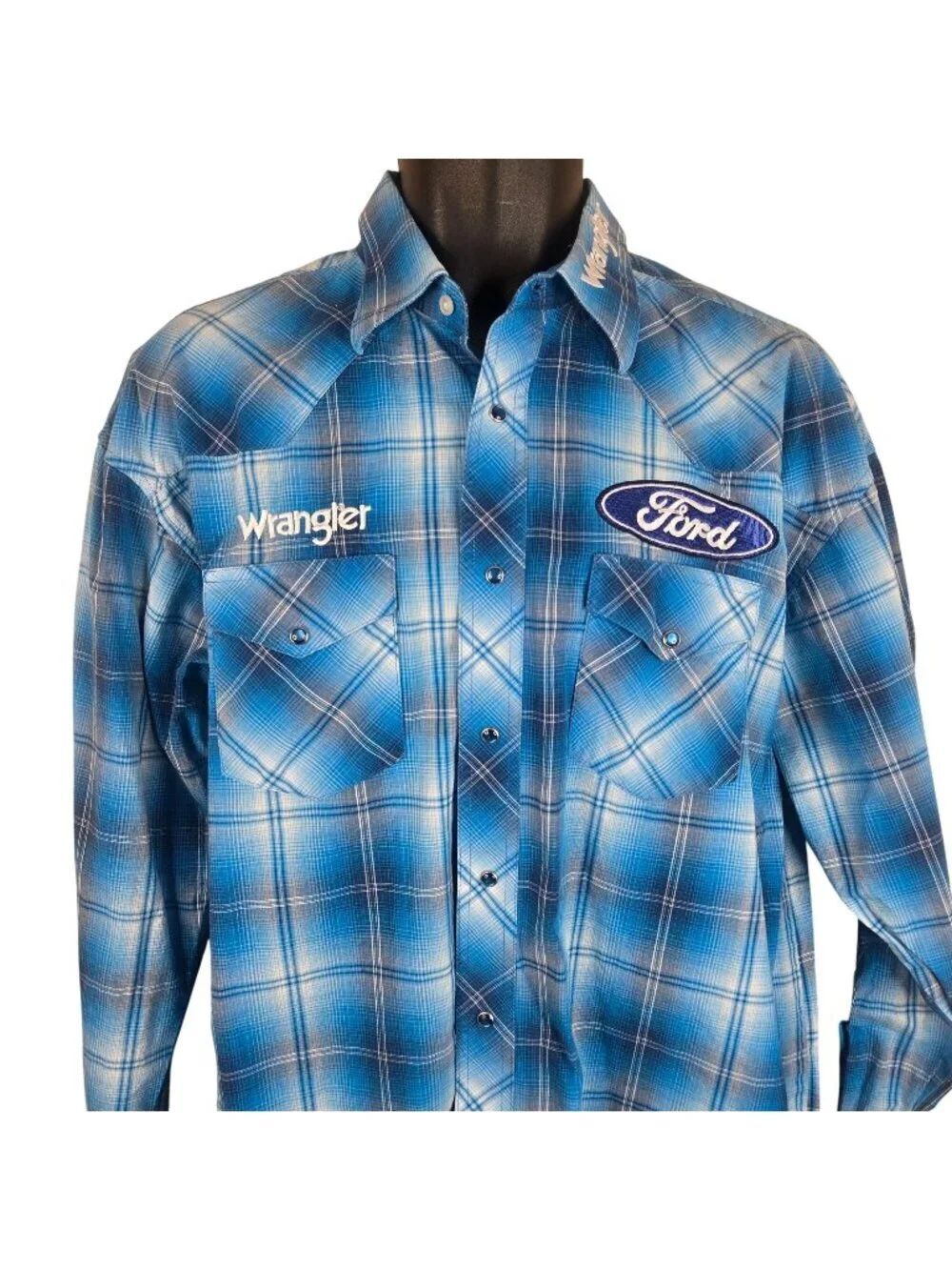 Wrangler Ford Mens L Blue Plaid Western Snap Button Long Sleeve Shirt